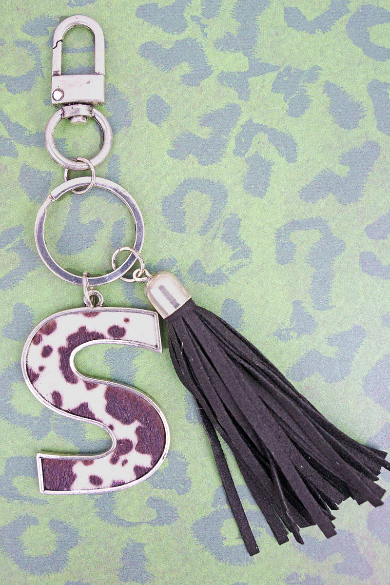 Cow Hide Initial Tassel Keychain