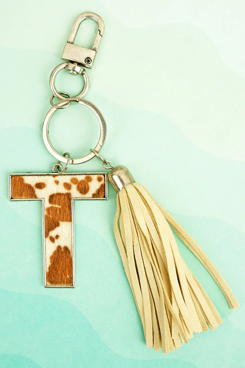 Cow Hide Initial Tassel Keychain