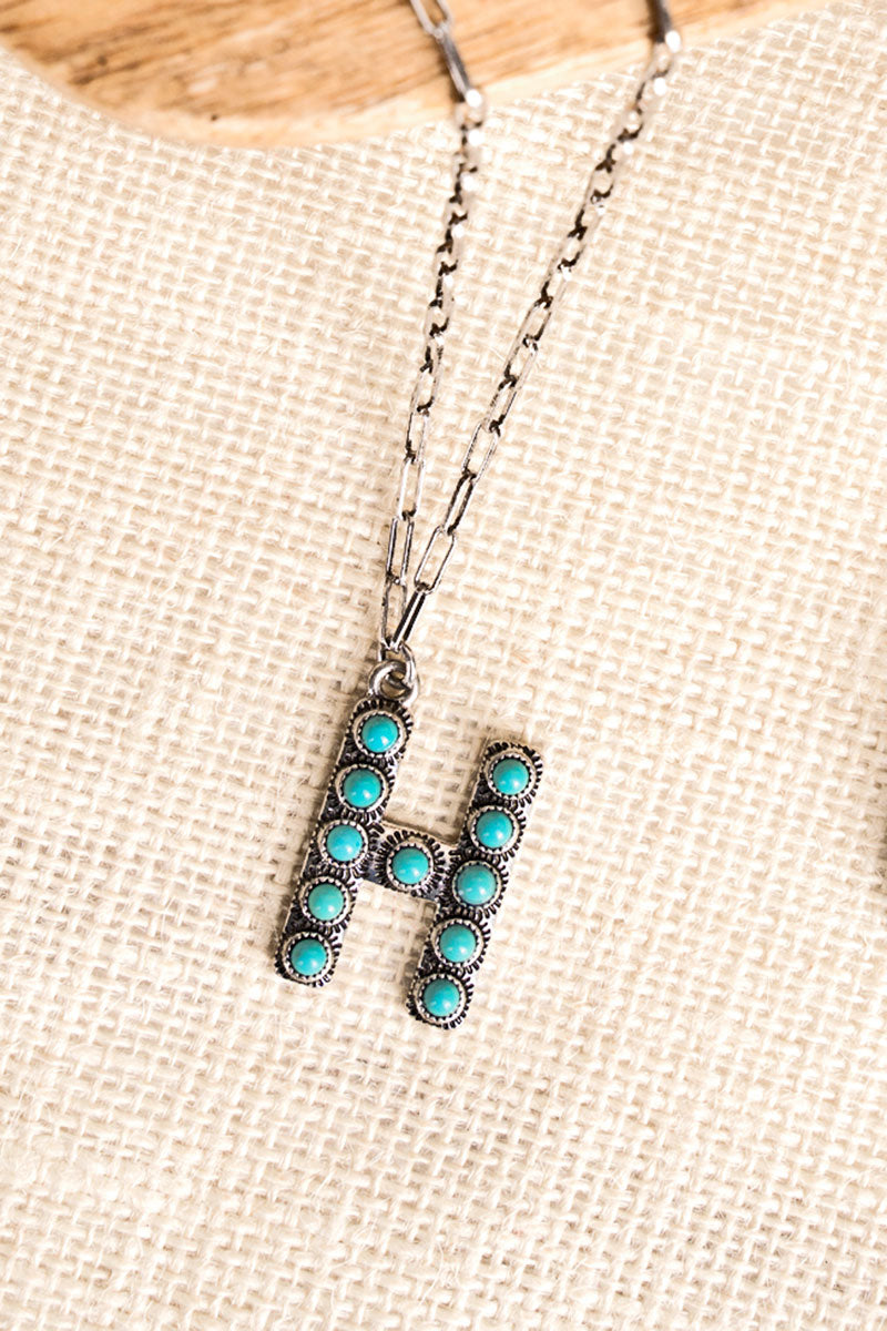 TURQUOISE BEADED SILVERTONE INITIAL NECKLACE