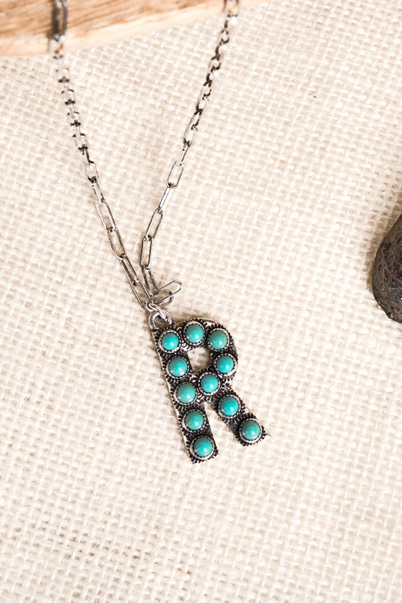 TURQUOISE BEADED SILVERTONE INITIAL NECKLACE