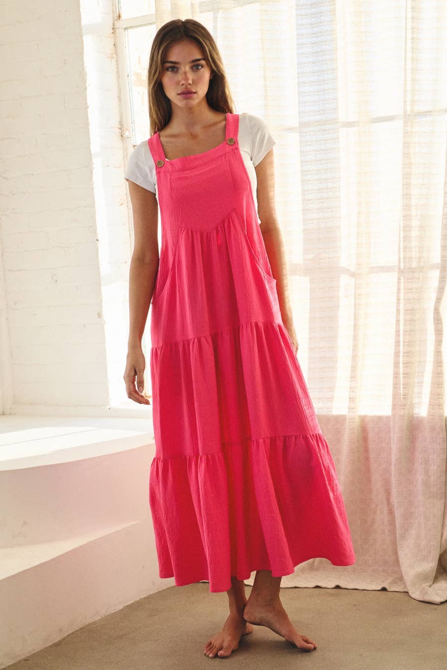 Solid Button Sling Tiered Midi Dress