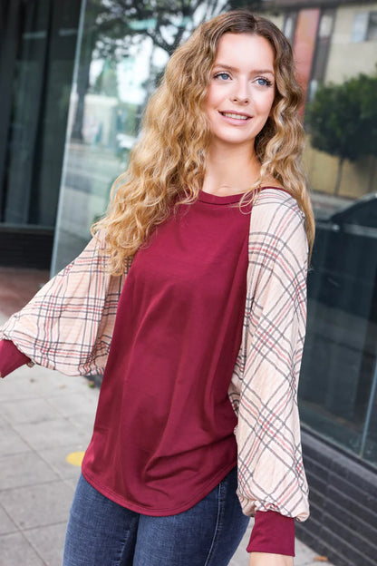 Burgundy & Taupe Plaid Sleeve Top