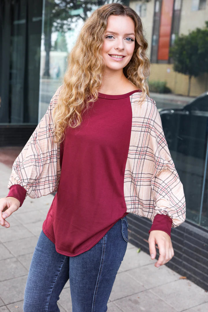 Burgundy & Taupe Plaid Sleeve Top