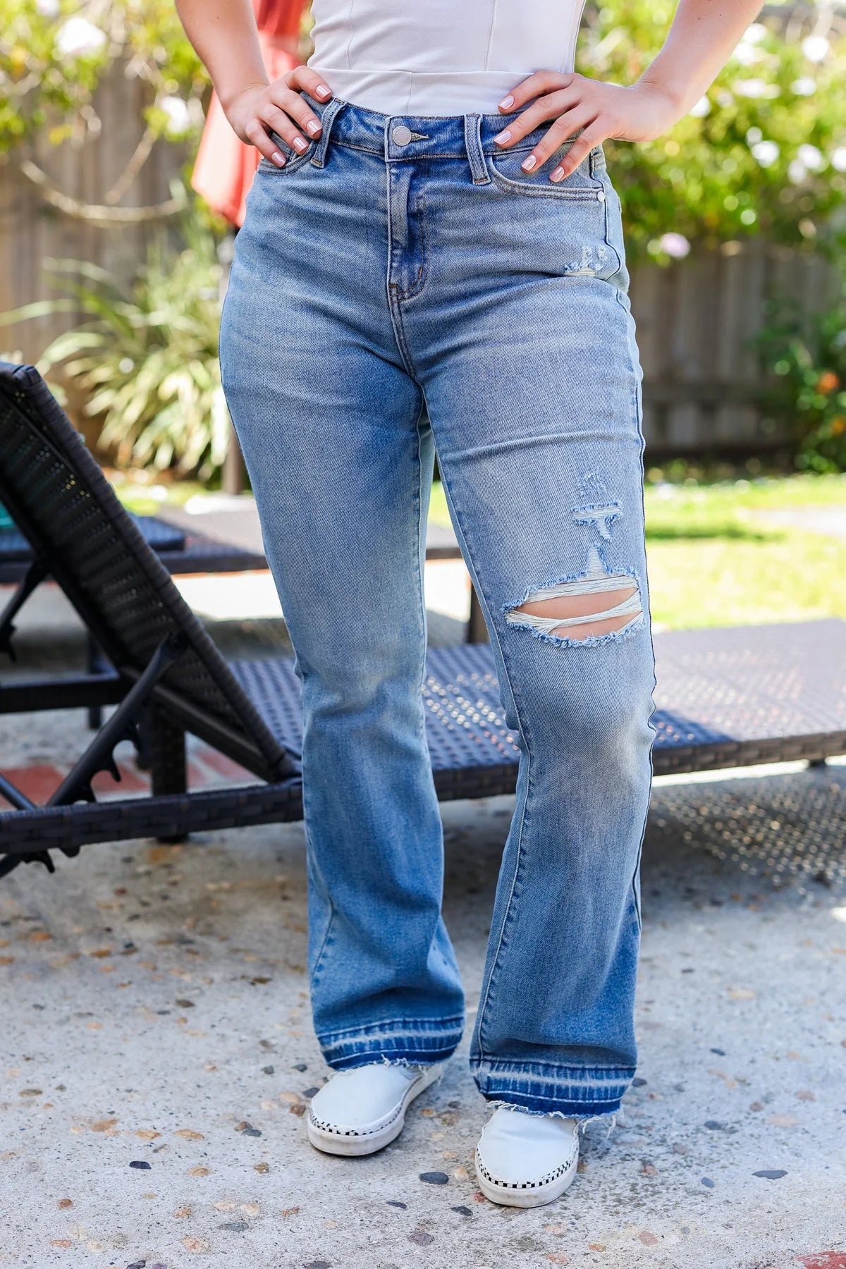 JUDY BLUE Medium Wash Mid Rise Release Hem Distressed Bootcut Jeans