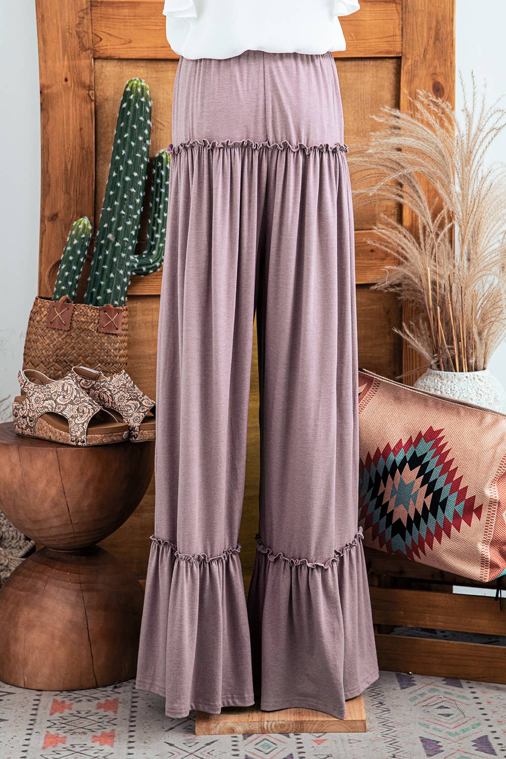 Fashion-W Frilled Drawstring High Waist Wide Leg Pants