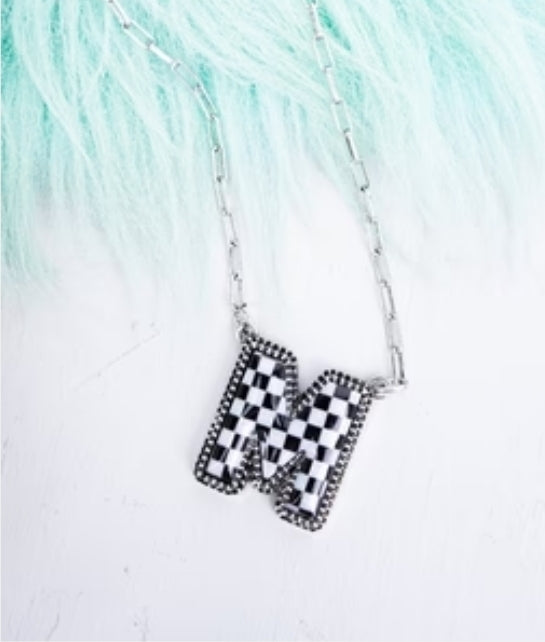 Black & White Checkered Initial Necklace