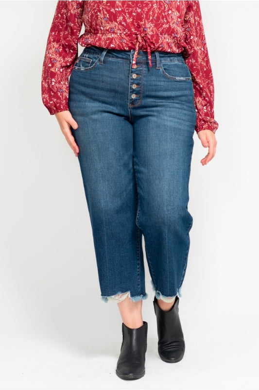 High Waisted Button Fly Destroyed Hem Crop JUDY BLUES