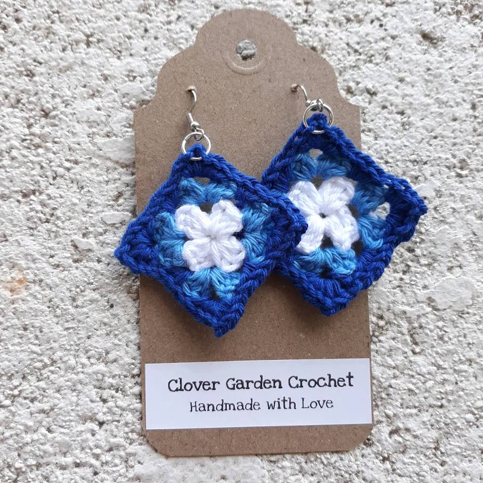 Crochet Cotton Granny Square Drop Earrings Blue Color Themes