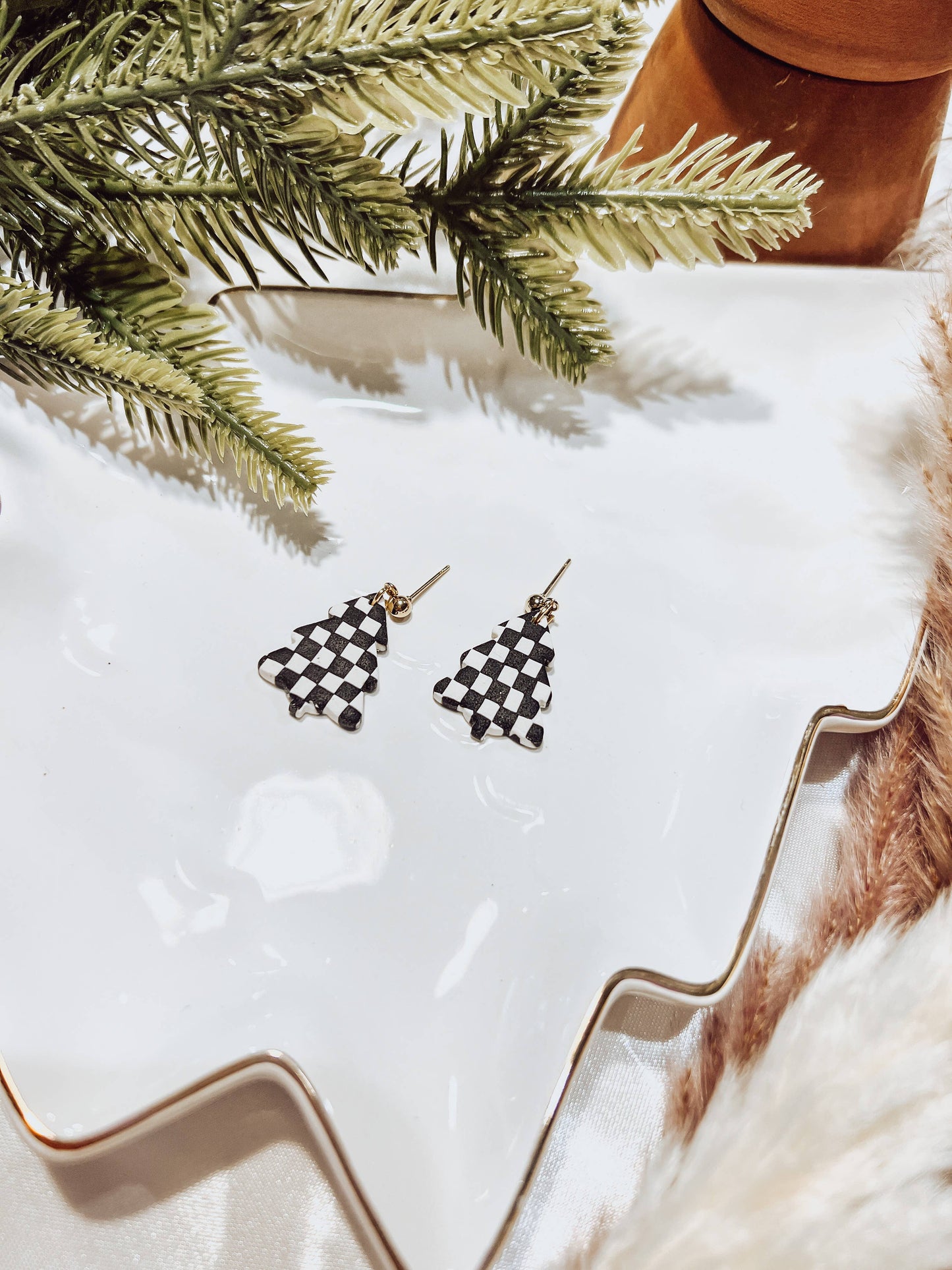 Black and White Checker Christmas Tree Clay Earrings