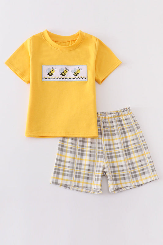 Mustard Print Bee Embroidered Plaid Boy's Set