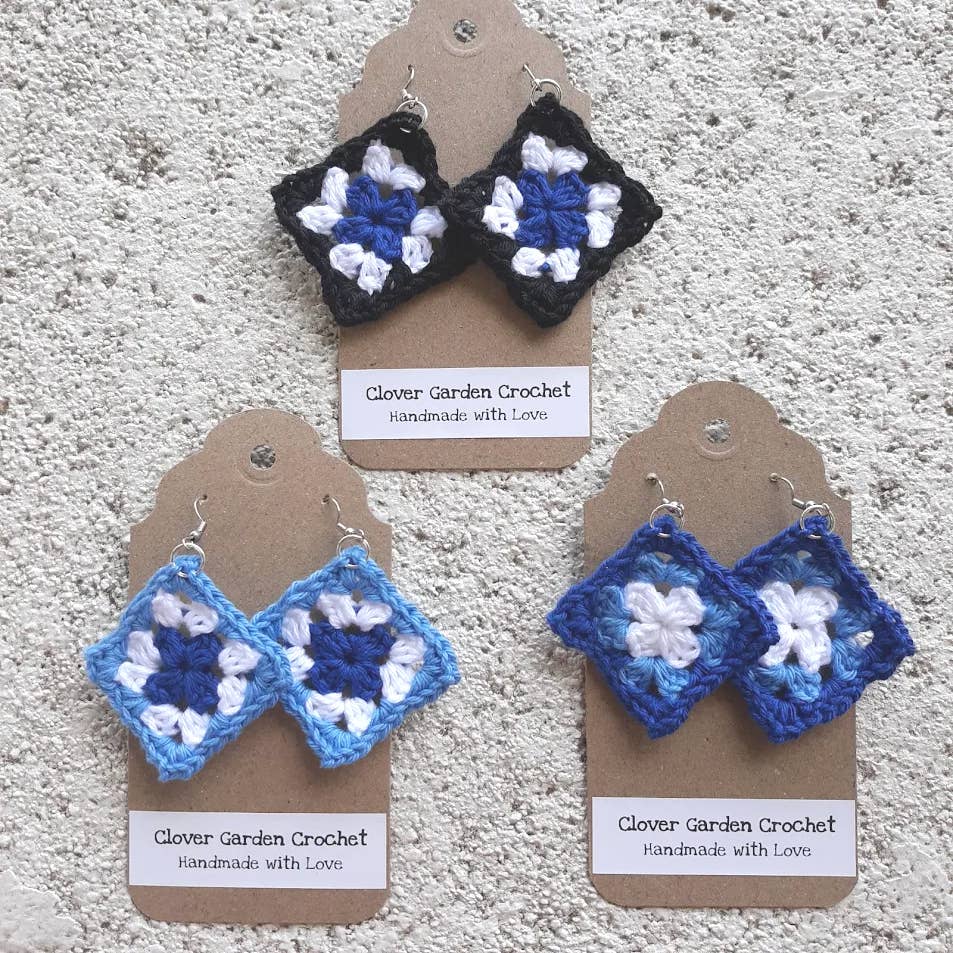 Crochet Cotton Granny Square Drop Earrings Blue Color Themes