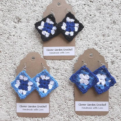 Crochet Cotton Granny Square Drop Earrings Blue Color Themes