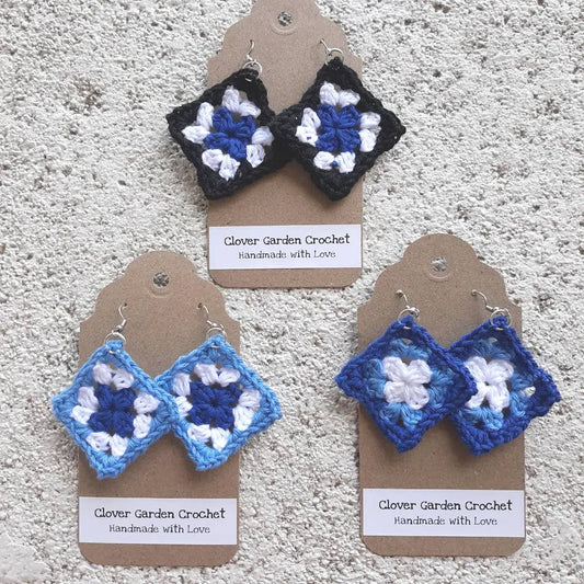 Crochet Cotton Granny Square Drop Earrings Blue Color Themes