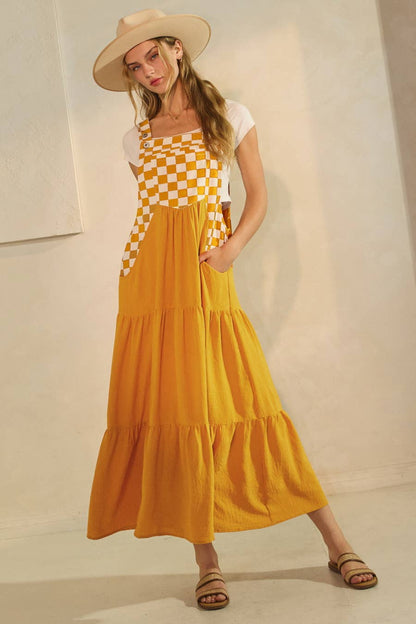 Checkerboard Tiered Overall Dress