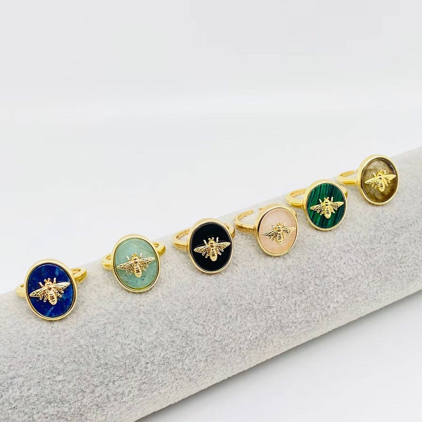 Natural Stone Golden Bee Opening Adjustable Ring
