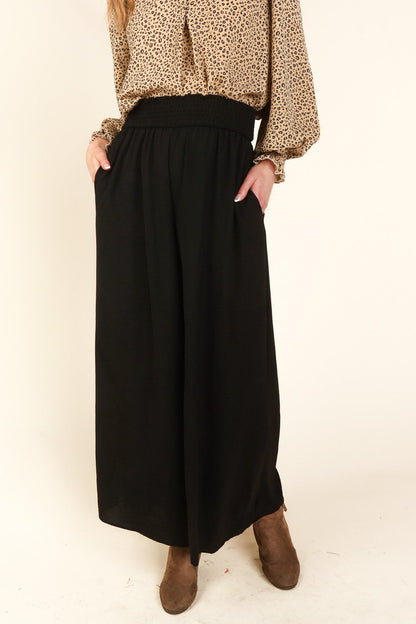 BLACK SMOCKED WAIST WIDE LEG WITH SIDE POCKETS PANTS