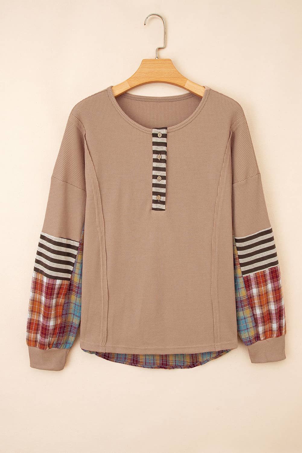 Waffle Stripe Plaid Patch Henley Knit Top | S-4X