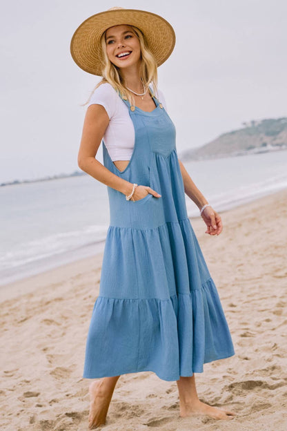 Solid Button Sling Tiered Midi Dress