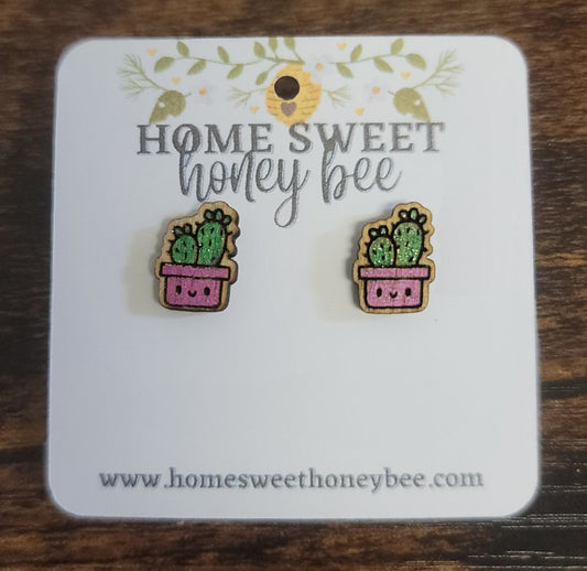 Wooden Succulent Stud Earrings