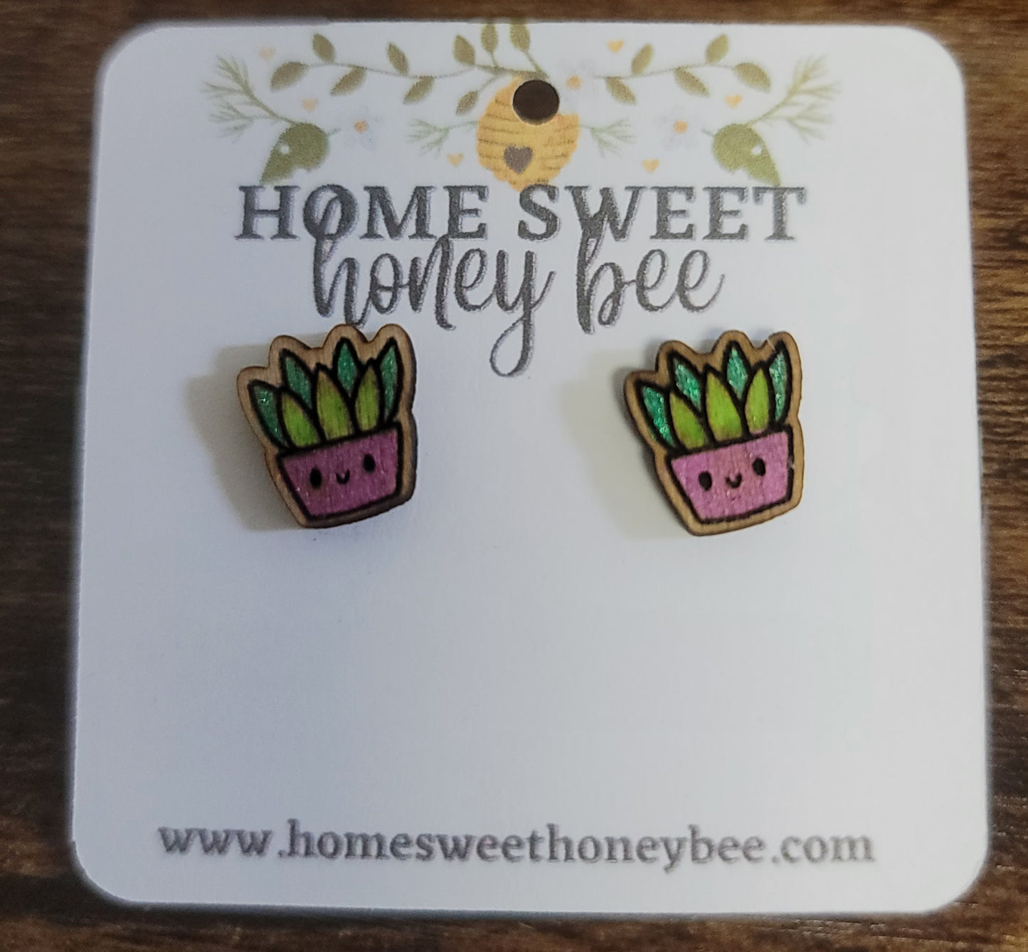 Wooden Succulent Stud Earrings