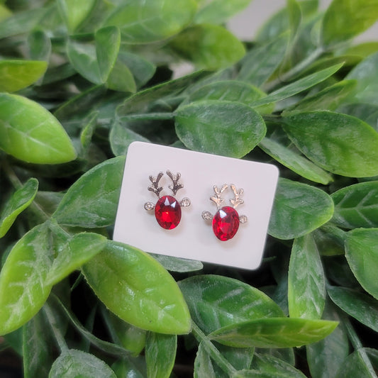 Faux Ruby Nosed Reindeer Earrings