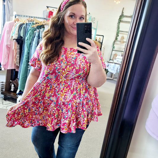 Hot Pink Floral Tiered Top