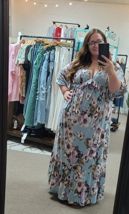 Light Blue Floral Print Maxi Dress