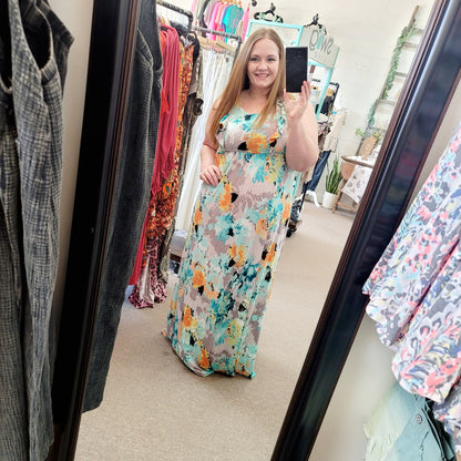 Aqua Floral Flutter Maxi Dress