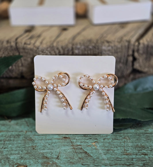 Double Bow Gold Tone/Faux Pearl Stud Earrings