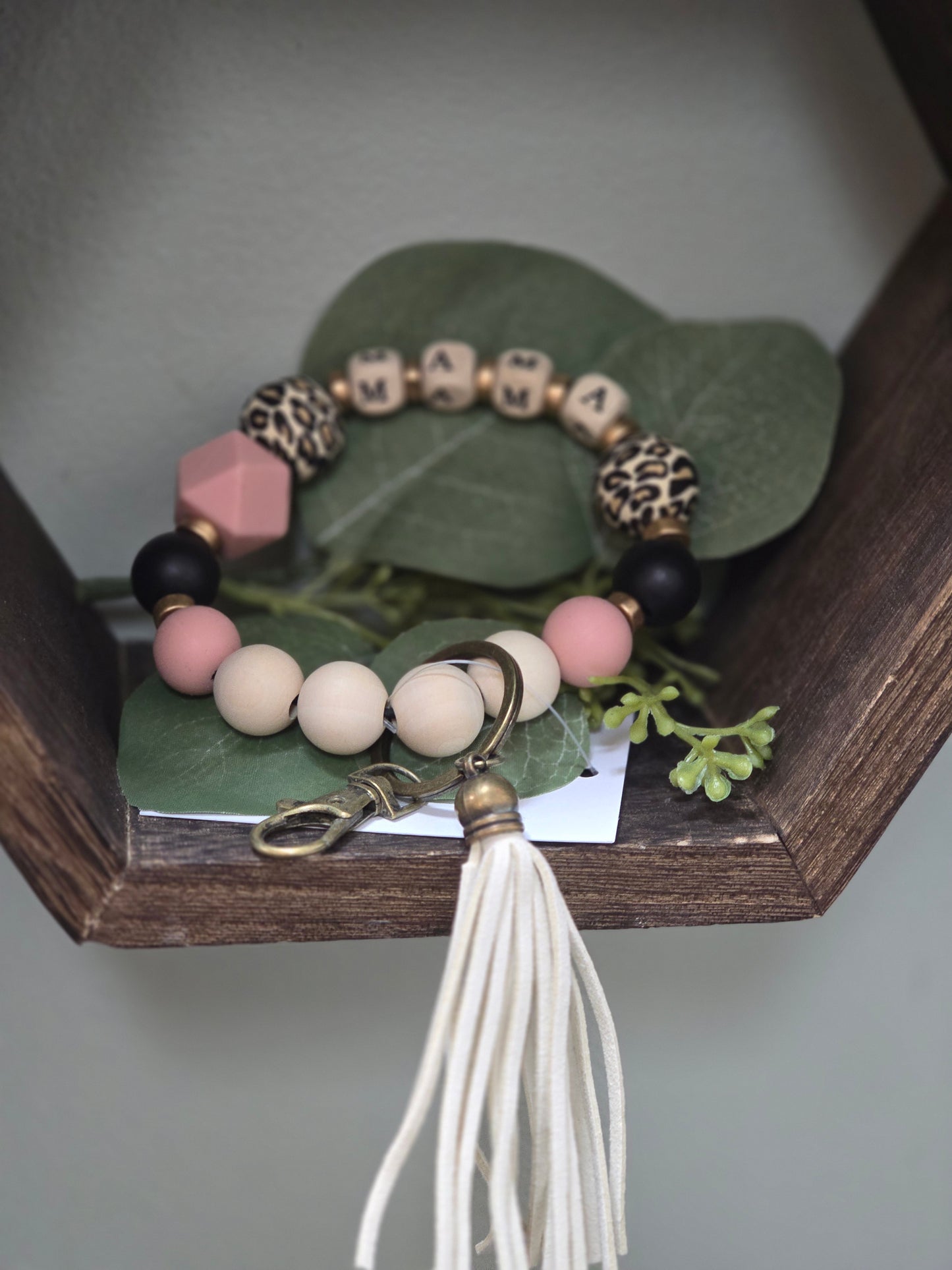 Pink Beaded Leopard Mama Bangle Keychain