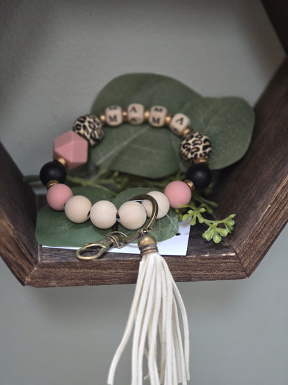 Pink Beaded Leopard Mama Bangle Keychain