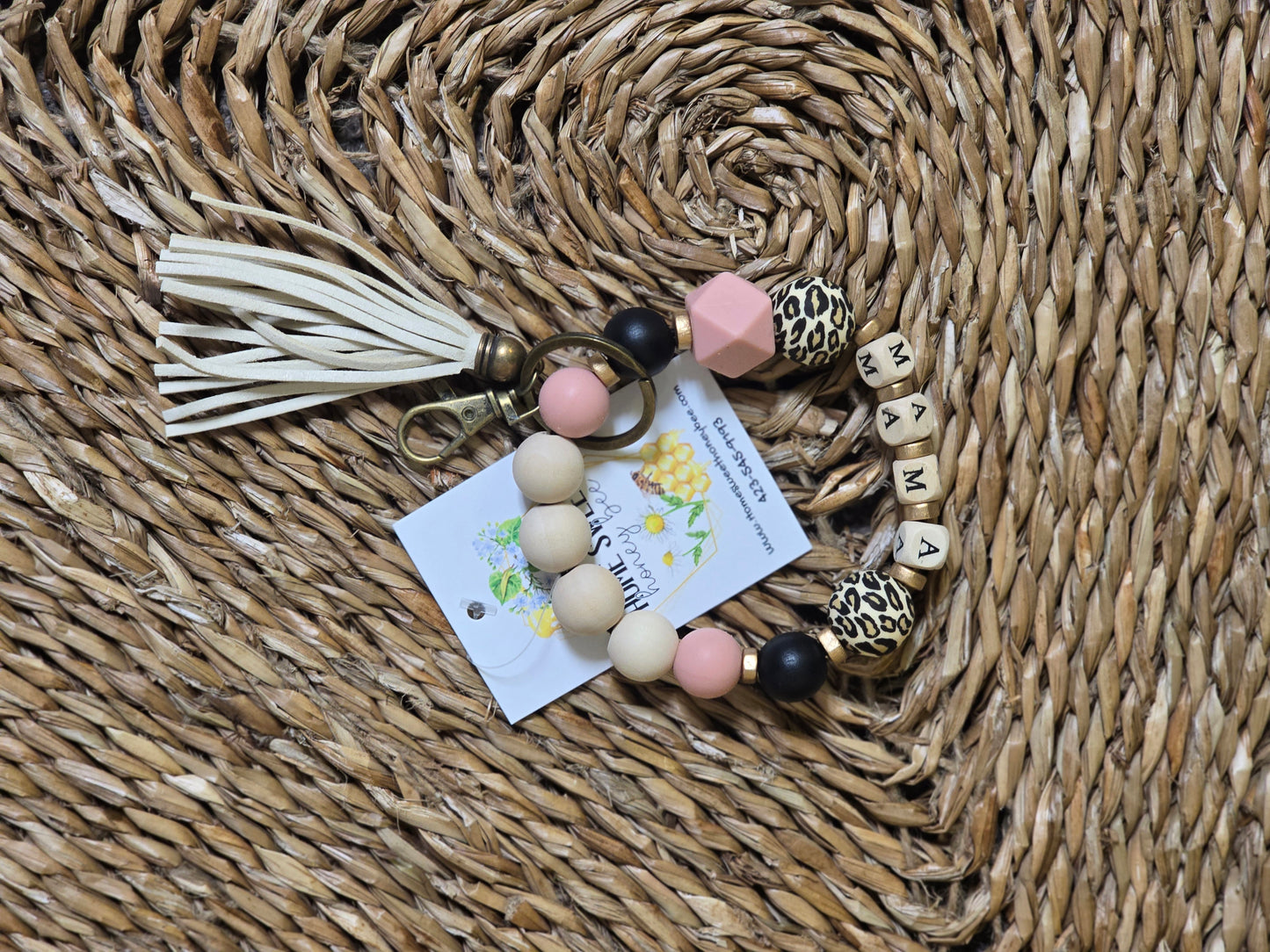 Pink Beaded Leopard Mama Bangle Keychain