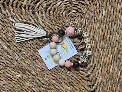Pink Beaded Leopard Mama Bangle Keychain