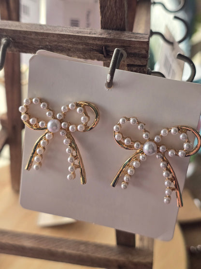 Double Bow Gold Tone/Faux Pearl Stud Earrings