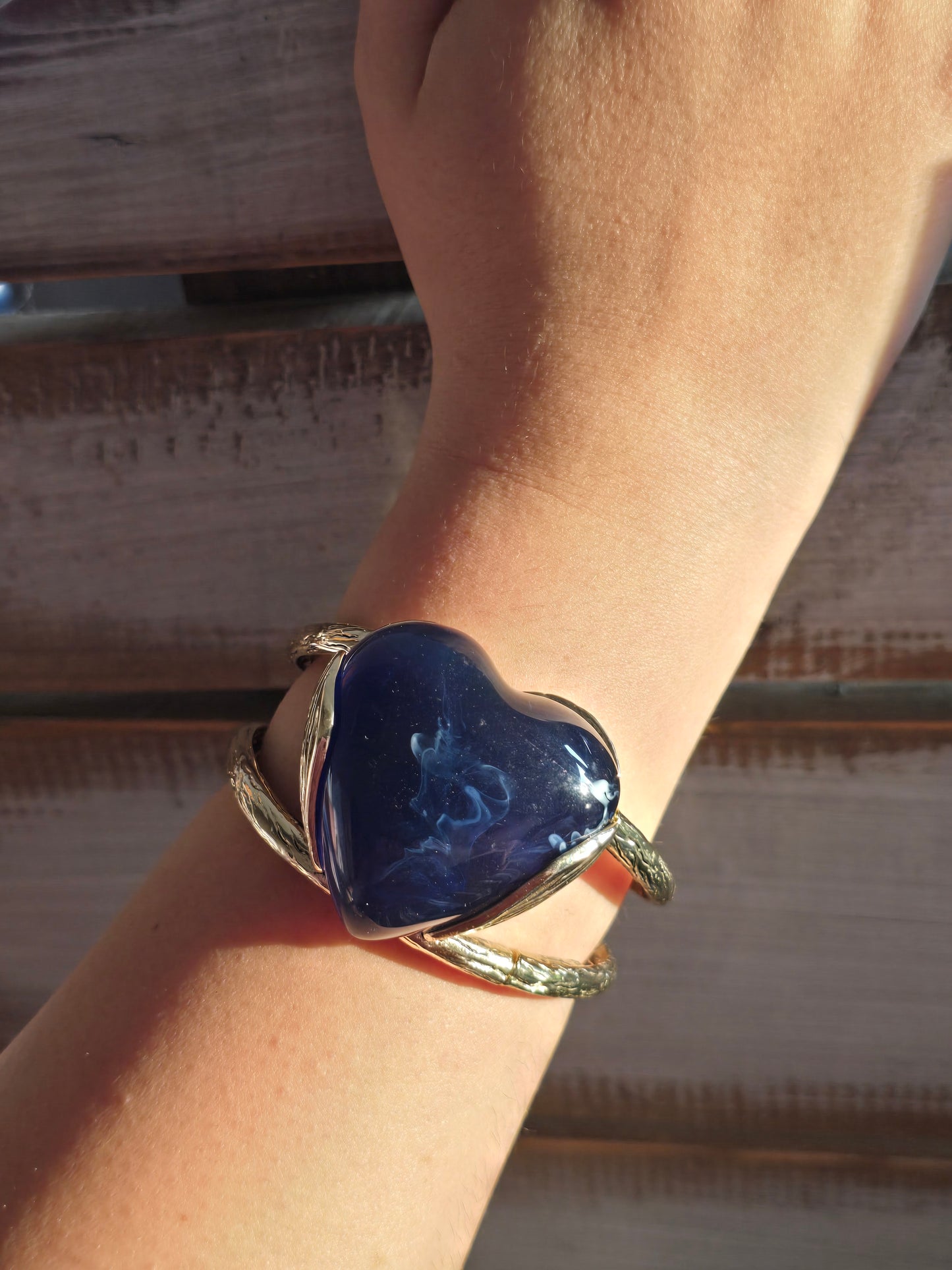 Large Stone Heart Hammered Goldtone Bangles