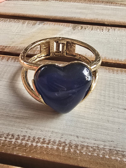 Large Stone Heart Hammered Goldtone Bangles