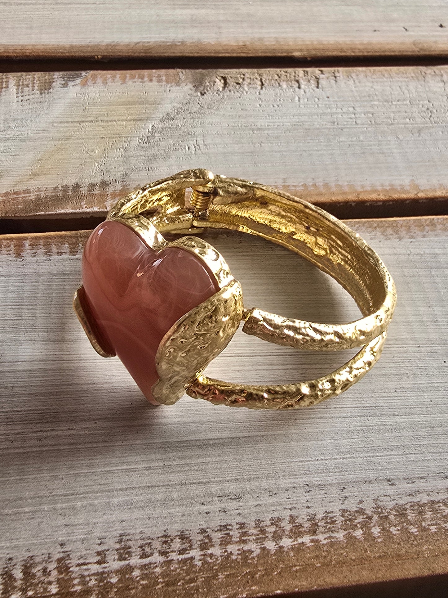 Large Stone Heart Hammered Goldtone Bangles