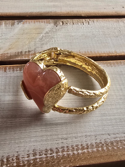 Large Stone Heart Hammered Goldtone Bangles