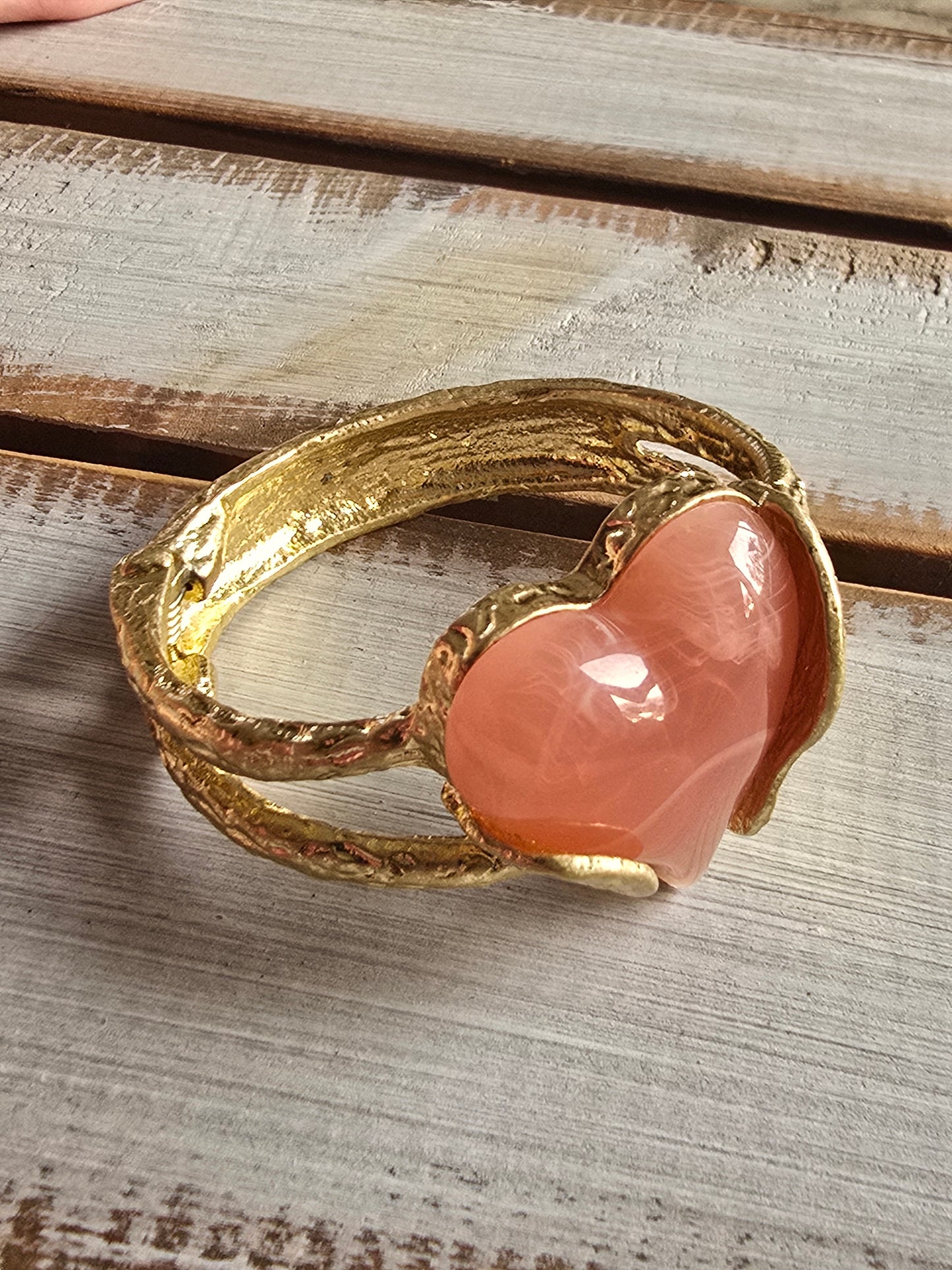 Large Stone Heart Hammered Goldtone Bangles