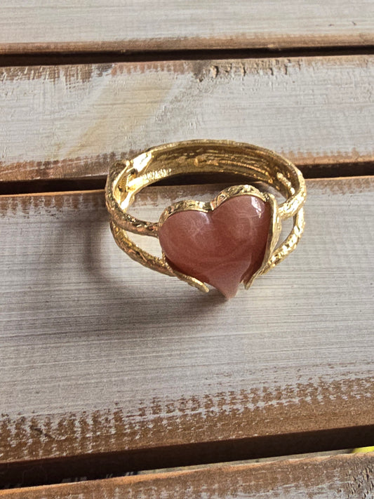 Large Stone Heart Hammered Goldtone Bangles