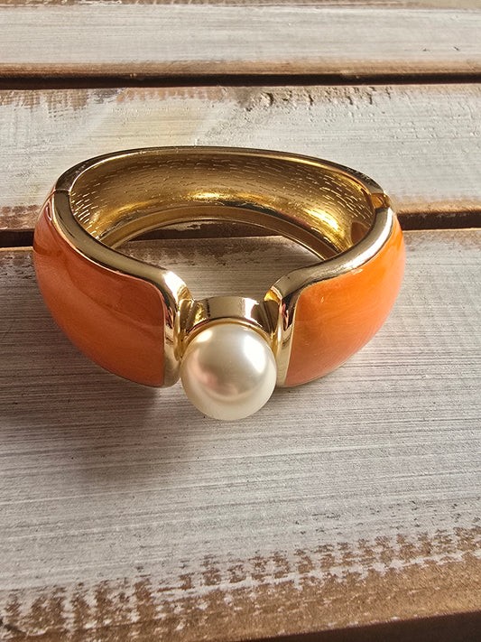 Orange & Goldtone Bangle With Large Faux Pearl