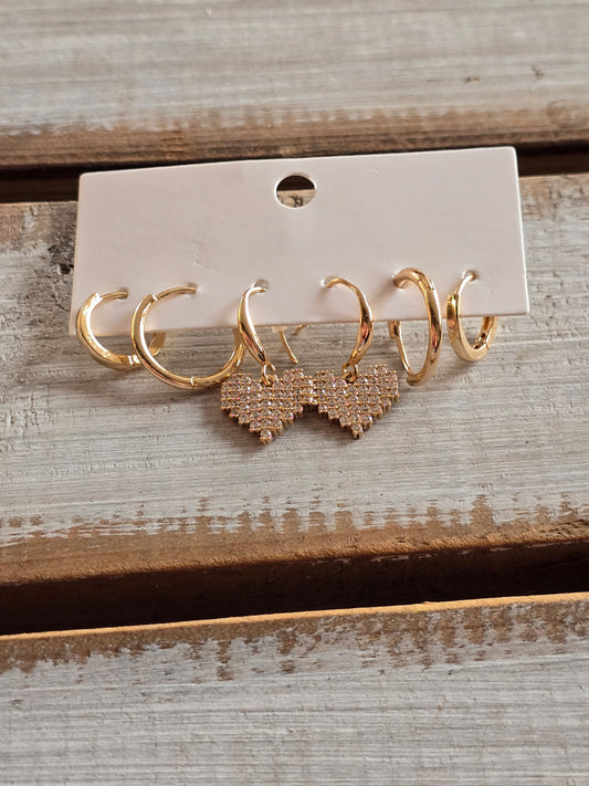 Set of 3 Hoop Earrings with Dangle Heart