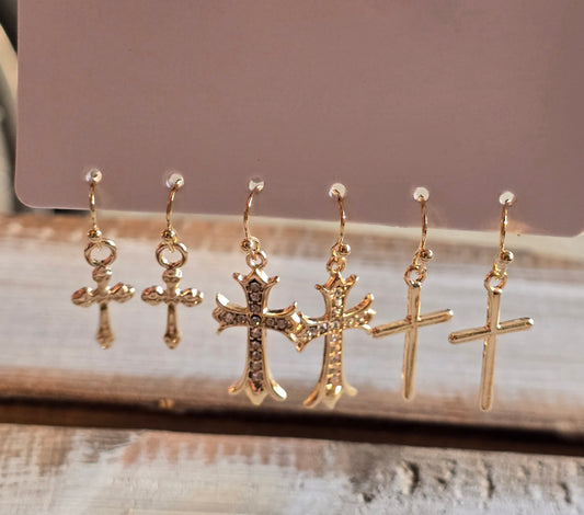 Set of 3 Dangle Cross Goldtone Earrings