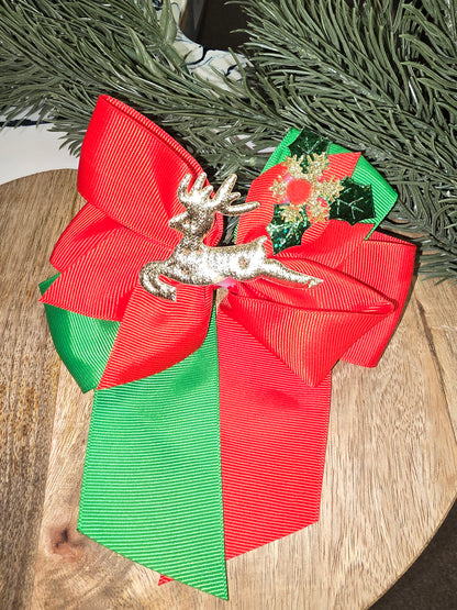 Green/Red Reindeer Bow With Alligator Clip
