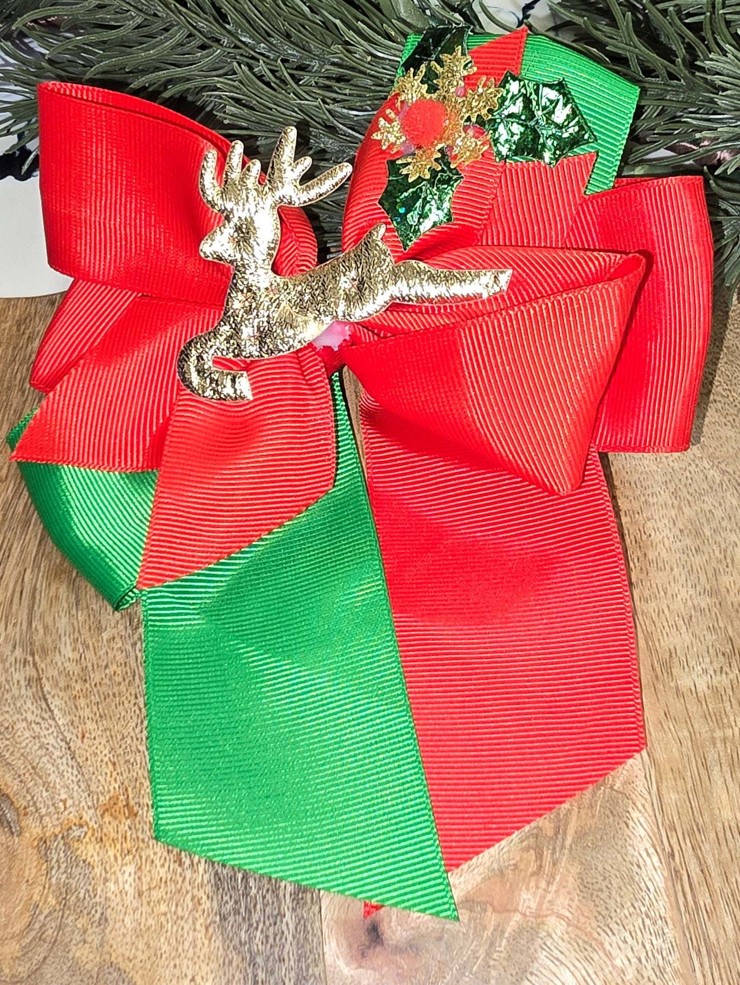 Green/Red Reindeer Bow With Alligator Clip