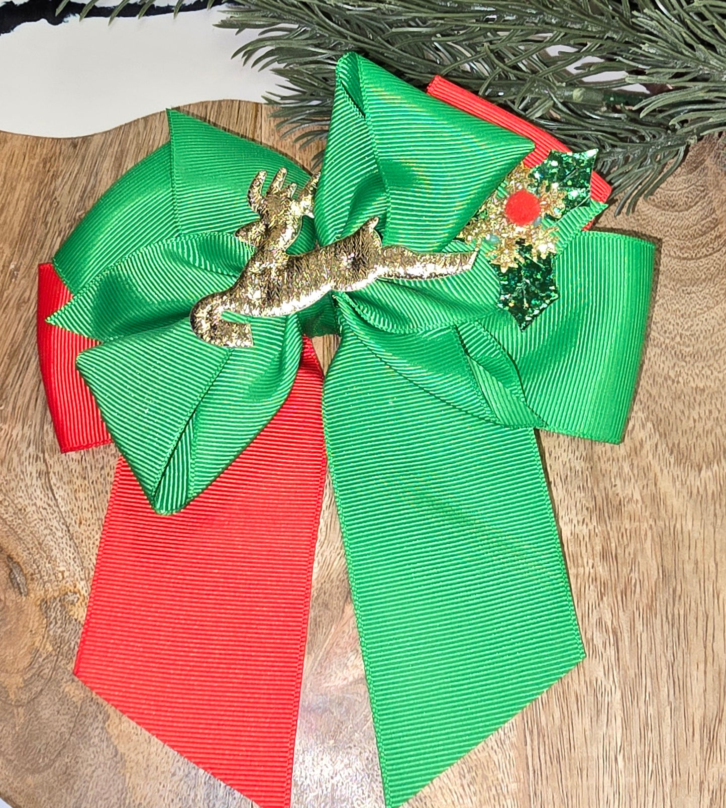 Green/Red Reindeer Bow With Alligator Clip