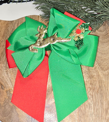Green/Red Reindeer Bow With Alligator Clip