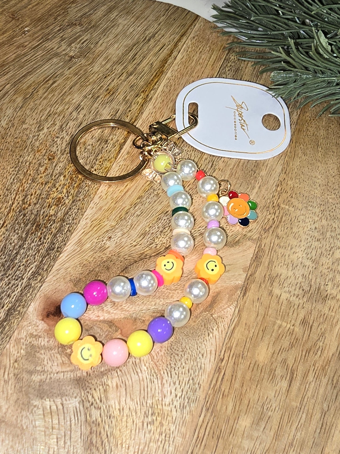 Daisy/Smiley Beaded Keychain Wristlet