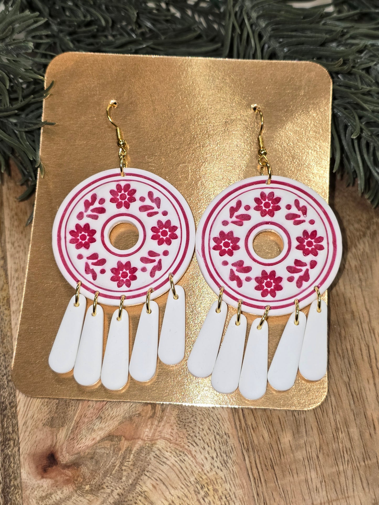 Clay Antique Floral Round Tassel Earrings