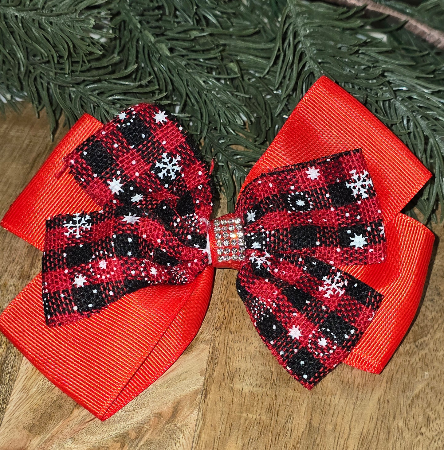 Red Plaid Snowflake Bow On Alligator Clip
